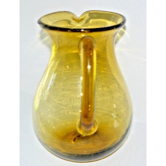 Rare Blenko Style MCM Art Glass Crackled Amber Pitcher Jug Applied Handle Vintag - Picture 3 of 7